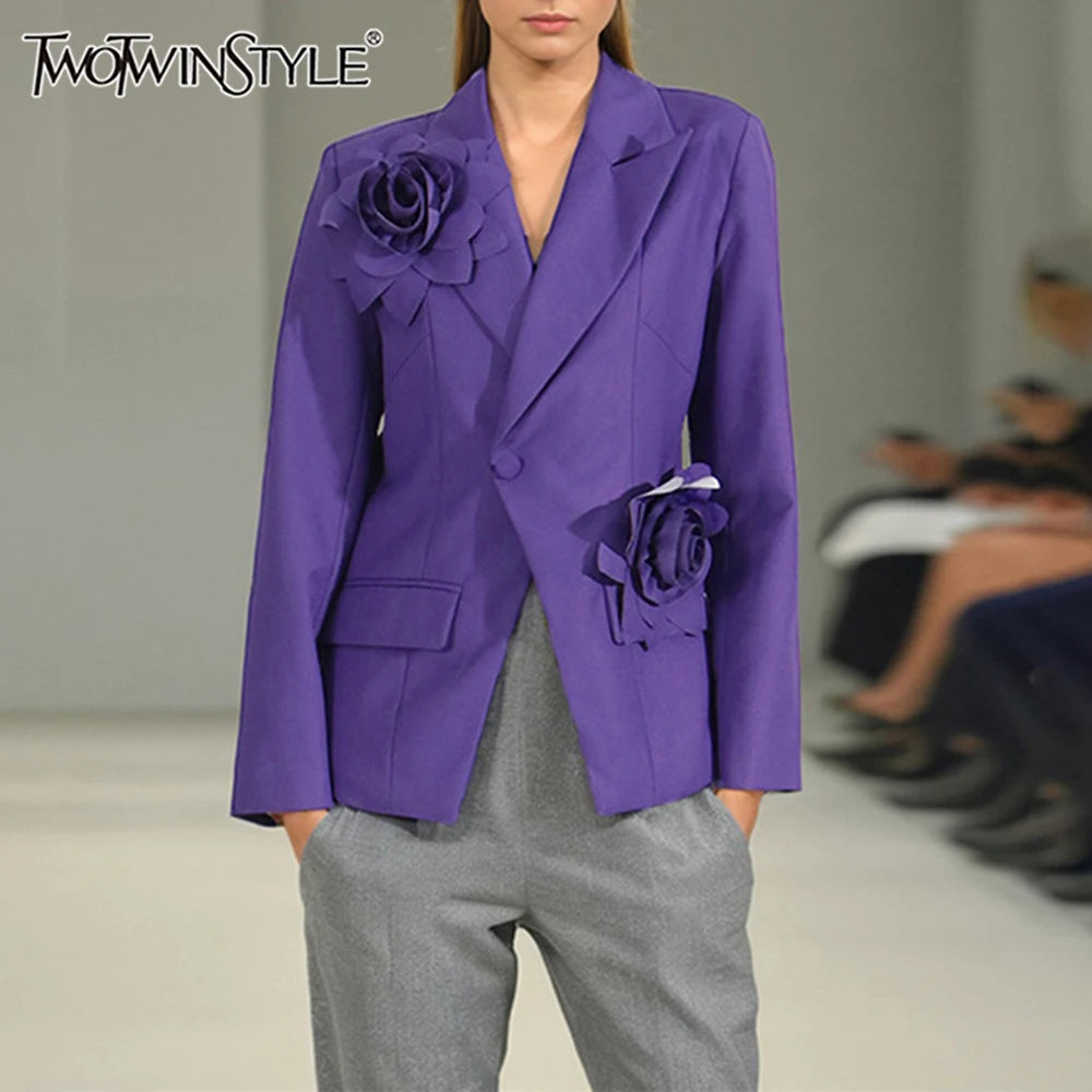 TWOTWINSTYLE Solid Slimming Spliced Appliques Elegant Jackets for Women Lapel Long Sleeves Patchwork Button Jacket Female New