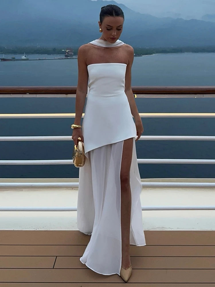 Elegant Strapless Sexy Maxi Dress For Women Gown With Scarf Off-shoulder Sleeveless Backless Split Beach Long Dress