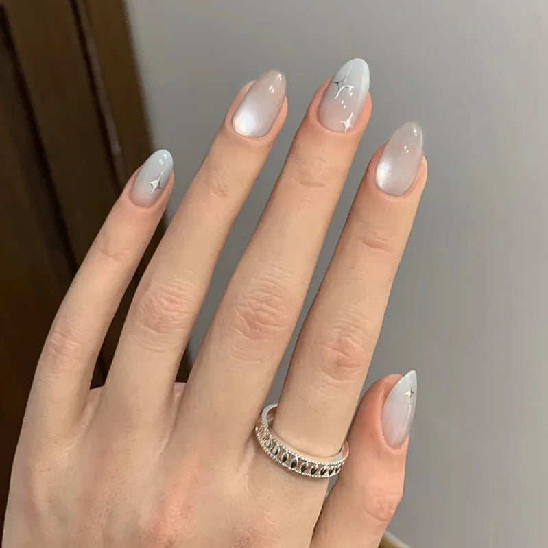 Y2K Girls Short Almond Press On Nails, Glossy Cat's Eyes Fake Nails Star Printed, Full Cover Stick-on False Nails Art 24Pcs