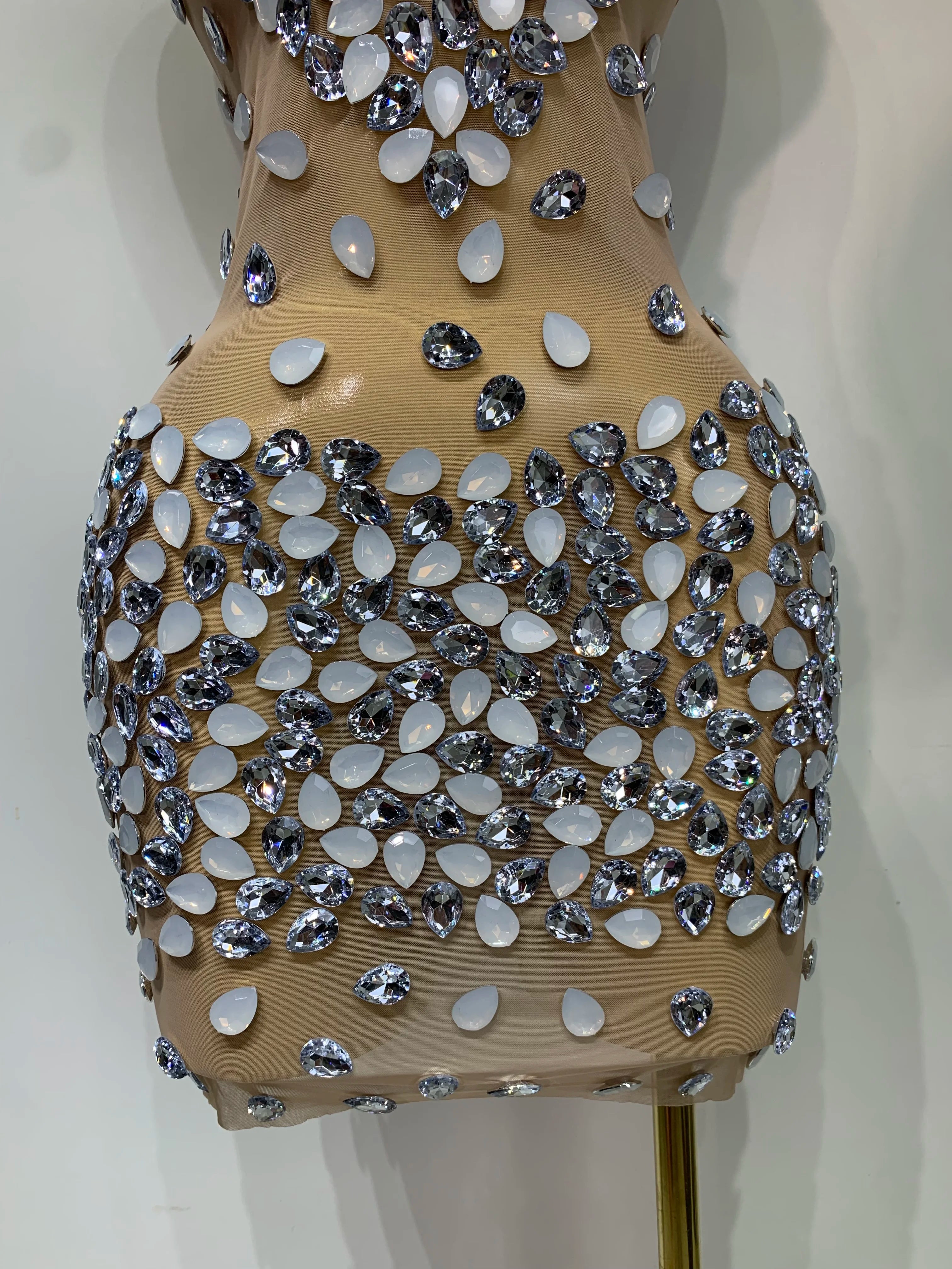 Sexy Sparkly Rhinestone Backless Mini Dress Women Sleeveless Mesh See Through Evening Party Luxury Birthday Gown Stage Outfit