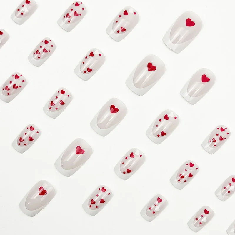 24Pcs Blush Red Fake Nails Short Square Press On Nails Love Heart Printed Women Girls Valentine's Day Charm False Nails Art