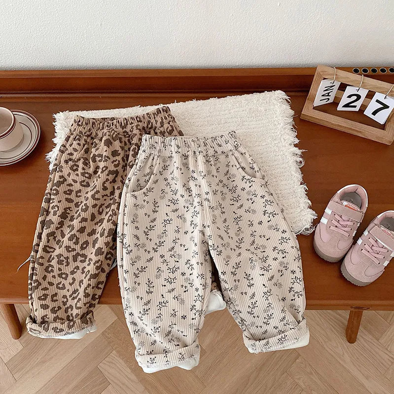 Winter Kids Pants Thicken Fur Lining Girls Trousers Warm Boys Pants