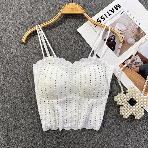 Chic Glitter Sequins Lace Camis Sexy Backless Korean Fashion Tank Top Slim Bustier Summer Women Party Club Crop Top Streetwear WHITE One Size