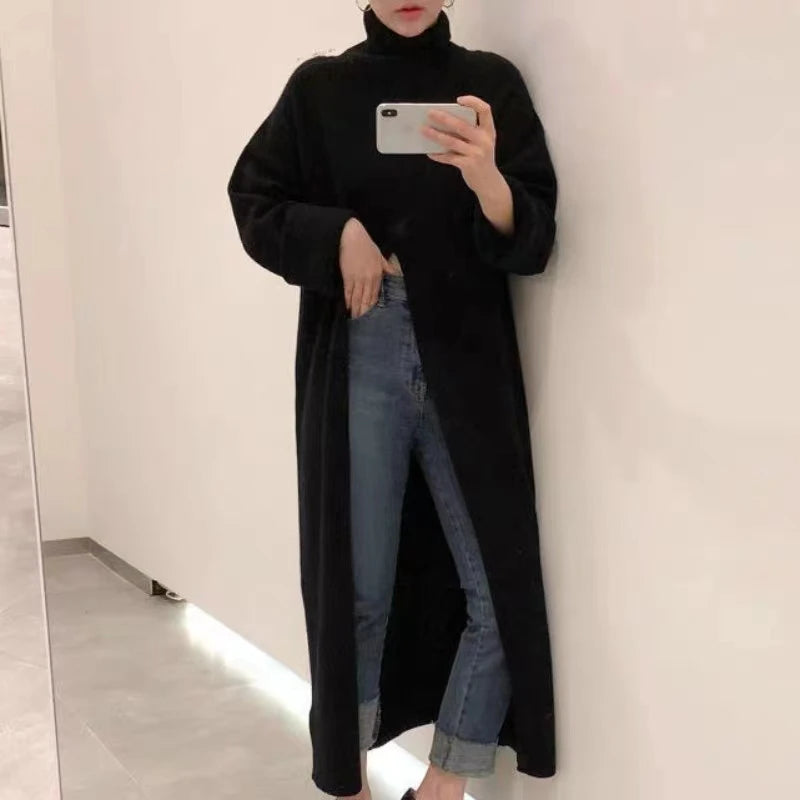 Korean chic autumn/winter niche design with high neck, loose slit, knee length, and slim knit bottom sweater for women Black