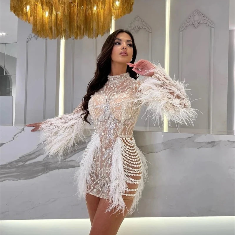 Luxury Exquisite Beading Sequins Feathers Sleeve White Mini Evening Dress Woman Birthday Party Dress Performances Costume