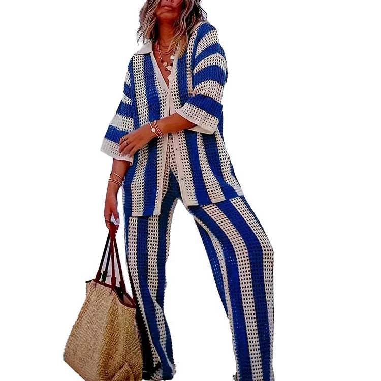 Summer Outfits for Women Vacation Hollow Out Sweater Shirt and Trouser Lady Casual Sexy Plus Size Sets 2 Piece Pants Sets Wide