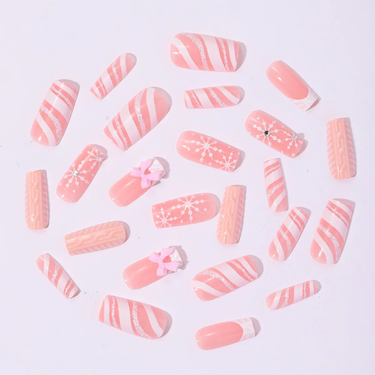 24Pcs Nude Pink Color Fake Nails Women Christmas Party Ballet Press On Nails White French Acrylic False Nails 3D Bowknot Decor