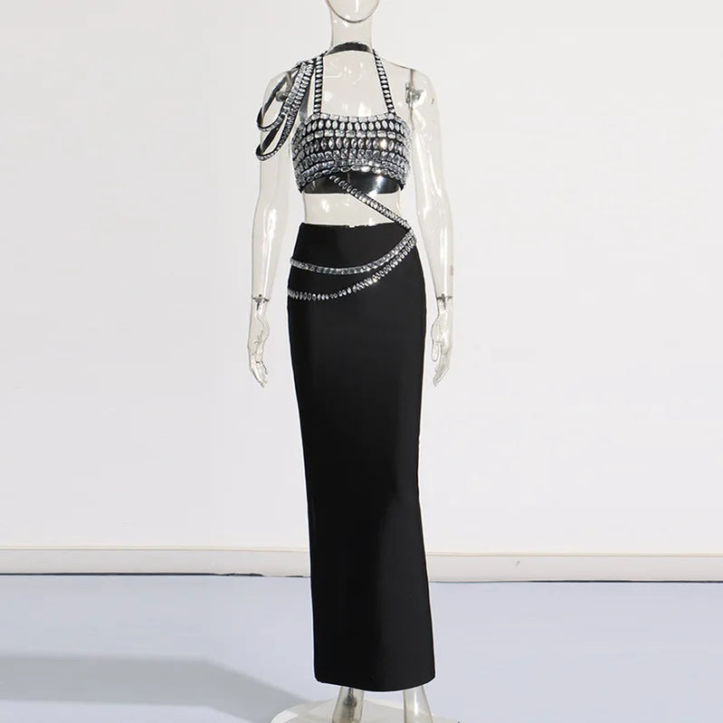 Vestido longo bandagem justo preto feminino, 2 peças, sexy, com cristais grandes, moda boate, festa, comemoração