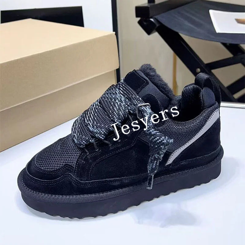 Flat Bottom Thick Bottom Snow Boots Women's Artificial Fur Wool Lining Ankle Boots Winter Thickened Warm Cotton Shoes black