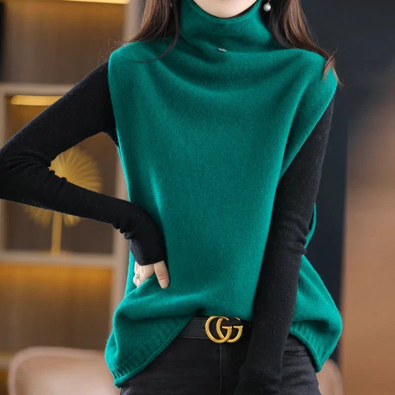 2023 100% Pure Wool Turtleneck Waistcoat Women's Knitted Vest New Autumn And Winter Sleeveless Top Sweater JQ137 green