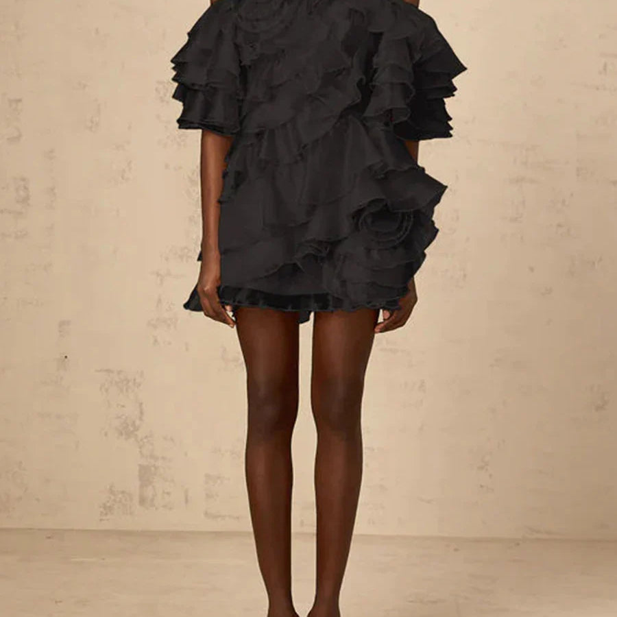 Solid Slimming Spliced 3D Flowers Mini Dresses for Women Slash Neck Off Shoulder Patchwork Ruffles Dress Female New