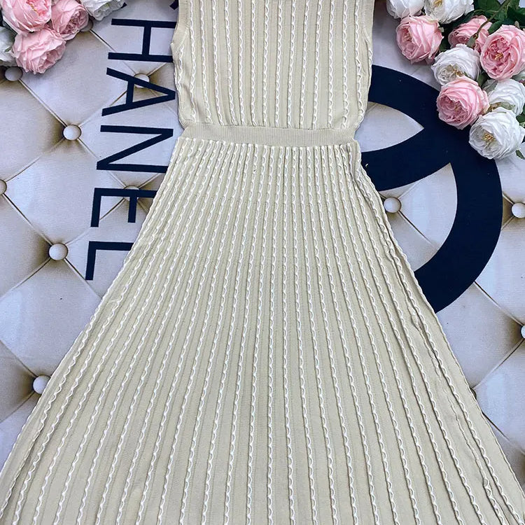 2024 New Listing Elegant Striped Knit Dress Women O-neck Sleeveless A-line Dresses Club Evening Party Midi Vestido