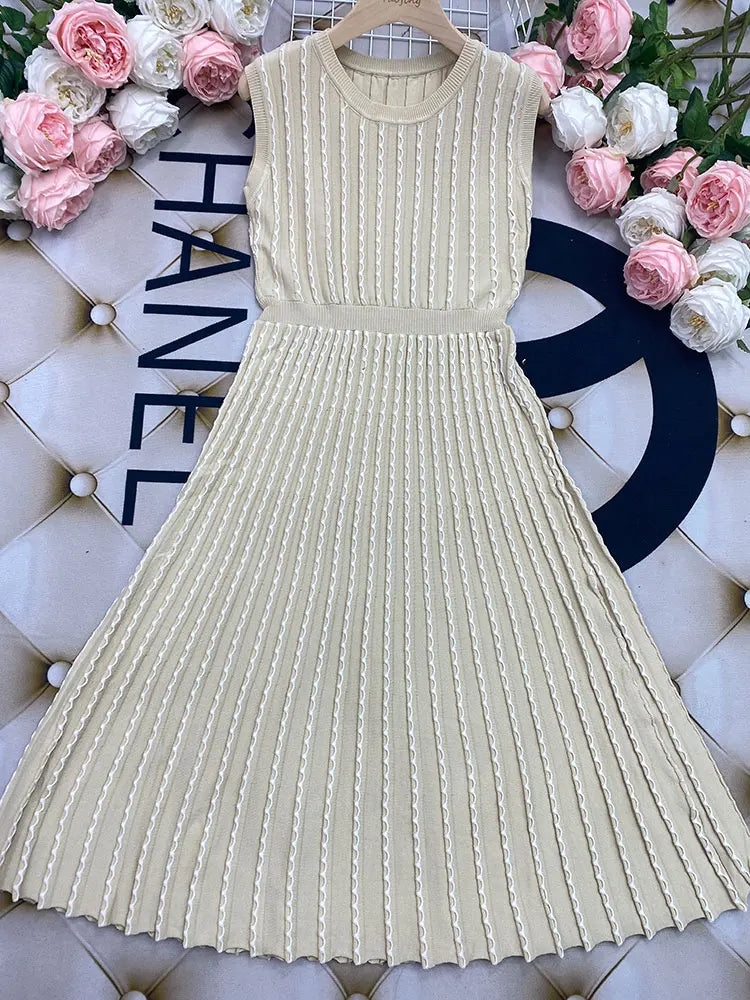 2024 New Listing Elegant Striped Knit Dress Women O-neck Sleeveless A-line Dresses Club Evening Party Midi Vestido