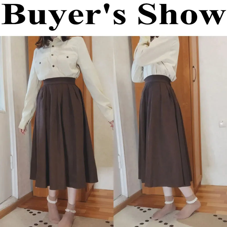 Vintage Brown High Waist Pleated Skirt Women Korean Fashion College Style Long Skirt Ladies Autumn Casual A line Skirts