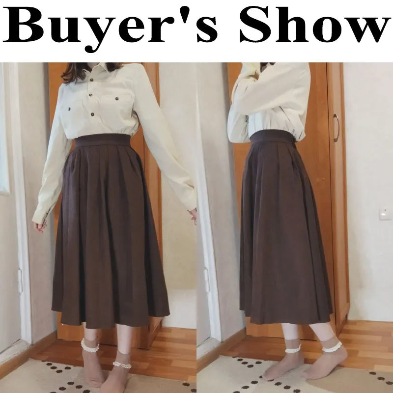 Vintage Brown High Waist Pleated Skirt Women Korean Fashion College Style Long Skirt Ladies Autumn Casual A line Skirts