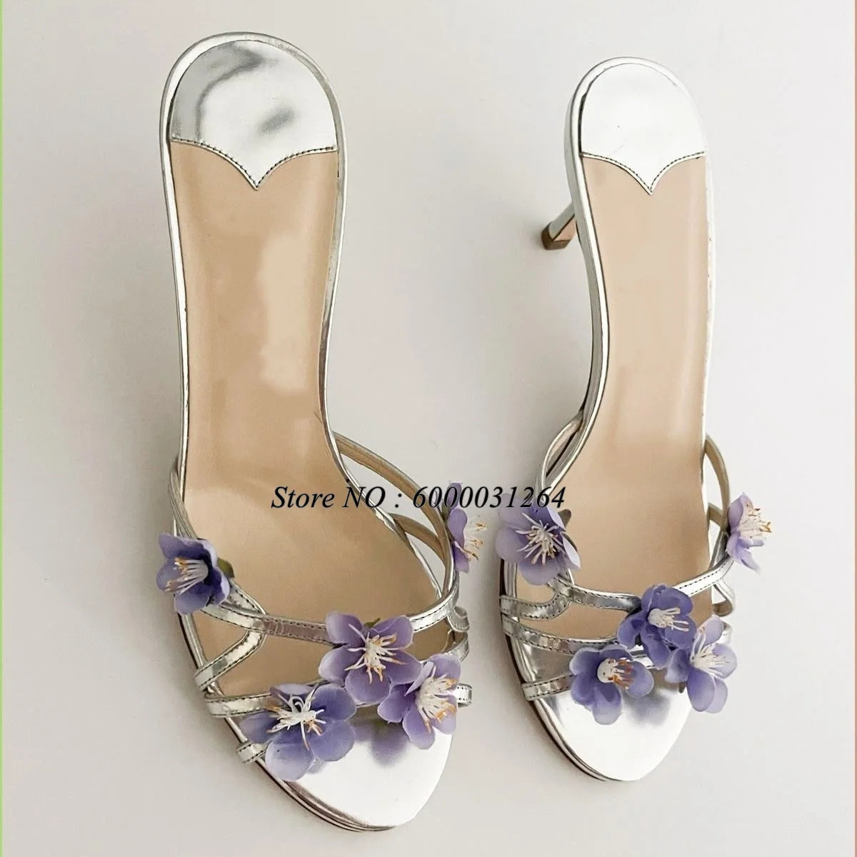 Silver Metallic Strappy Slippers Blossom Slip On Pull On Shoes Summer Women Flower Decor Heeled Sandals Classic Stiletto Shoes