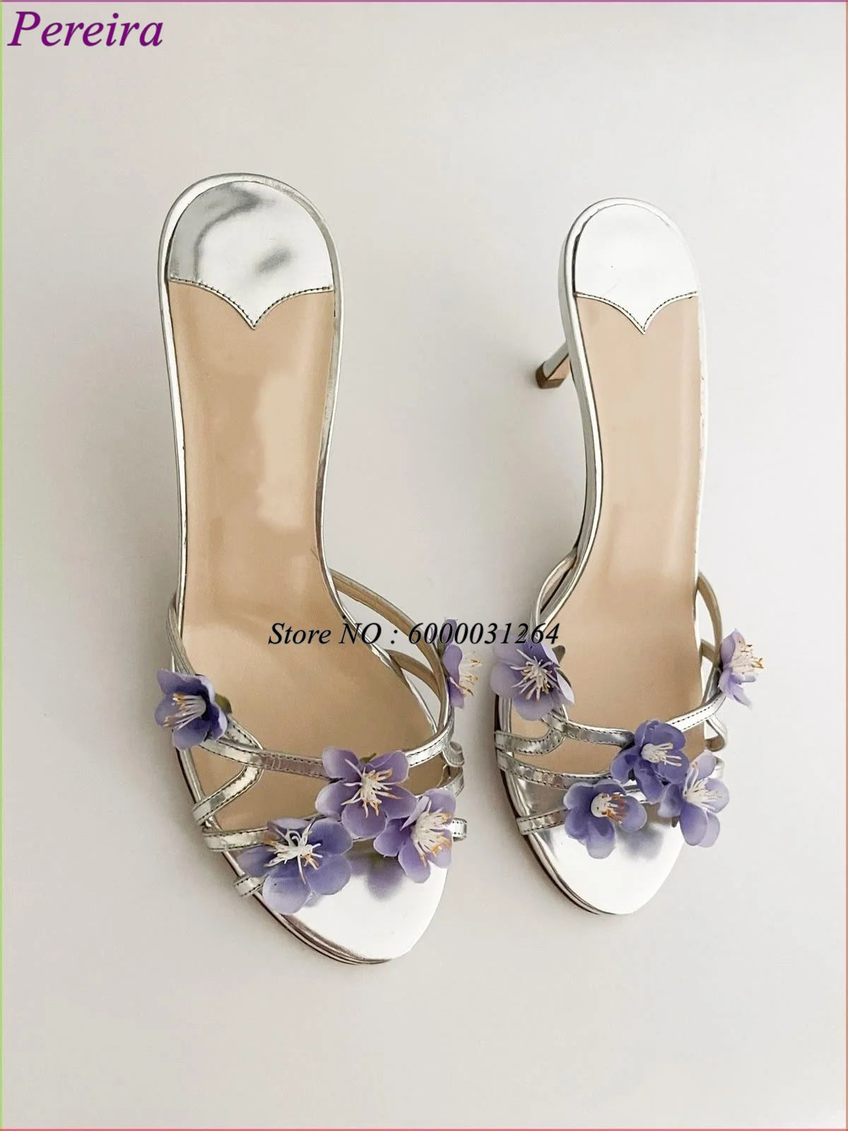 Silver Metallic Strappy Slippers Blossom Slip On Pull On Shoes Summer Women Flower Decor Heeled Sandals Classic Stiletto Shoes