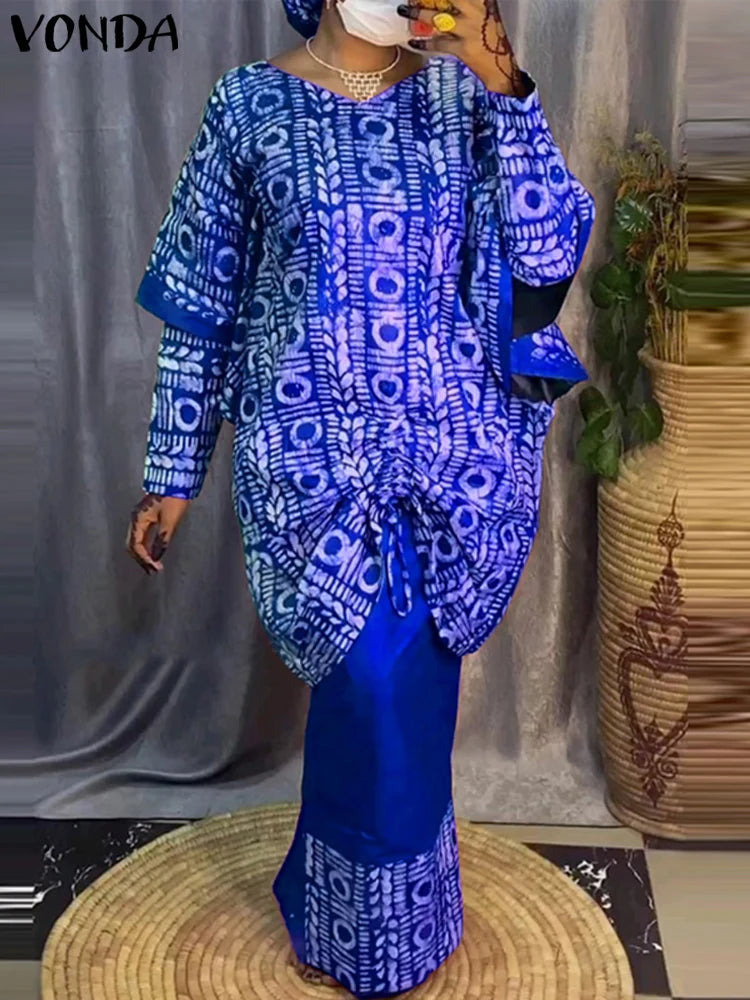 Plus Size 5XL VONDA Women Sets 2024 Bohemian Printed Outfits Elegant Long Sleeve Top+Half Skirt Two-Piece Sets Casual Loose Suit