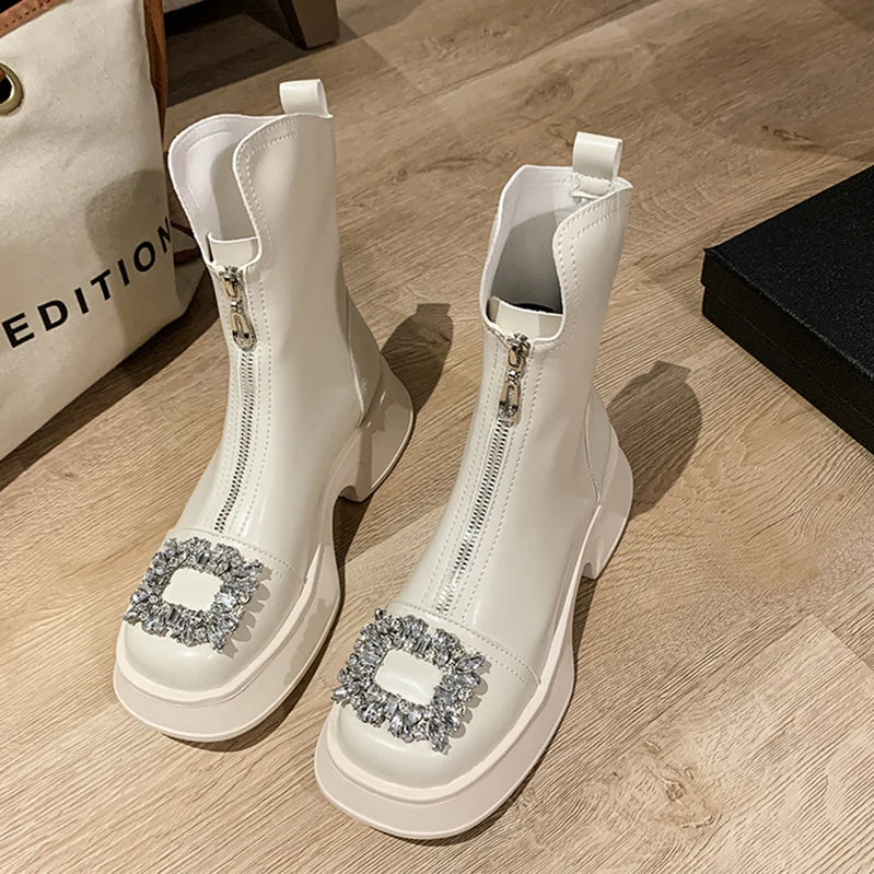 Fashion Crystal Chelsea Boots Women Shoes Spring Summer Ankle Boots Zipper Chunky Snow Punk Goth Gladiator Lady Shoes