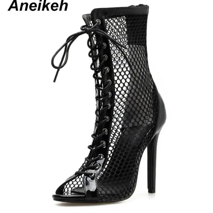 Fashion Women Ankle Boots Hollow Out Mesh High Heels Shoes Woman Lace-Up Open toe Sexy Sandals Boots Mujer Black White Black