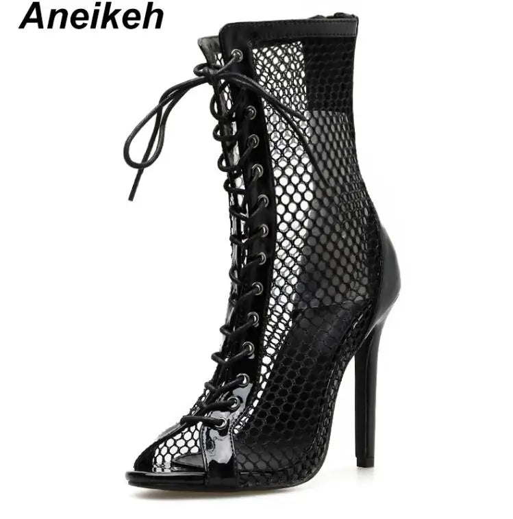 Fashion Women Ankle Boots Hollow Out Mesh High Heels Shoes Woman Lace-Up Open toe Sexy Sandals Boots Mujer Black White Black