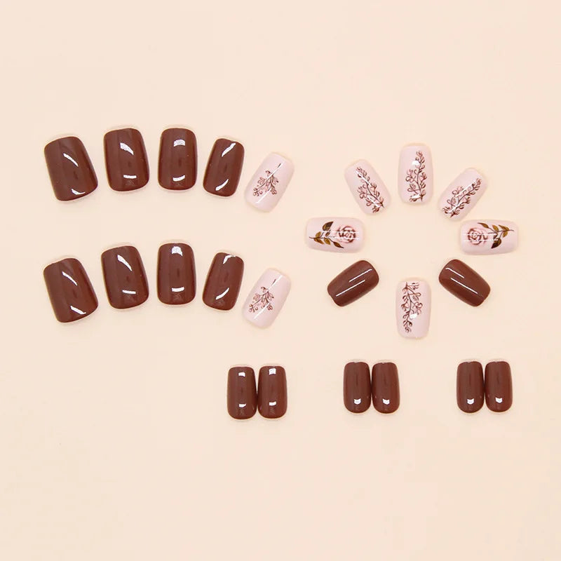 24pcs Simple Brown Rose Press on Nails Solid Color Lines Fake Nail Tips Women Wearable Cover Fashion Short Side False Nails