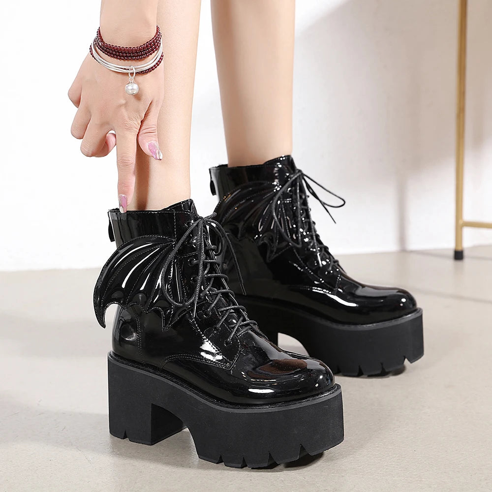 Women's Black Back Zipper Chunky Heel Boots Goth Style Lace Up Solid Color Platform Short Boots for Women Fashion Wing