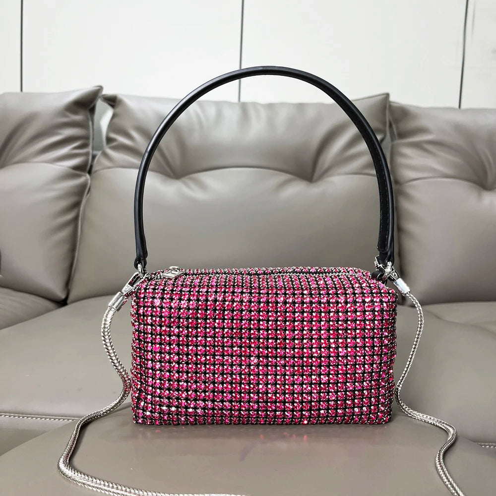 Handle Rhinestones Evening bag silver Crystal Bling Top Handle Bags for Women Purses and Handbags Luxury Designer Women's bag Rose red