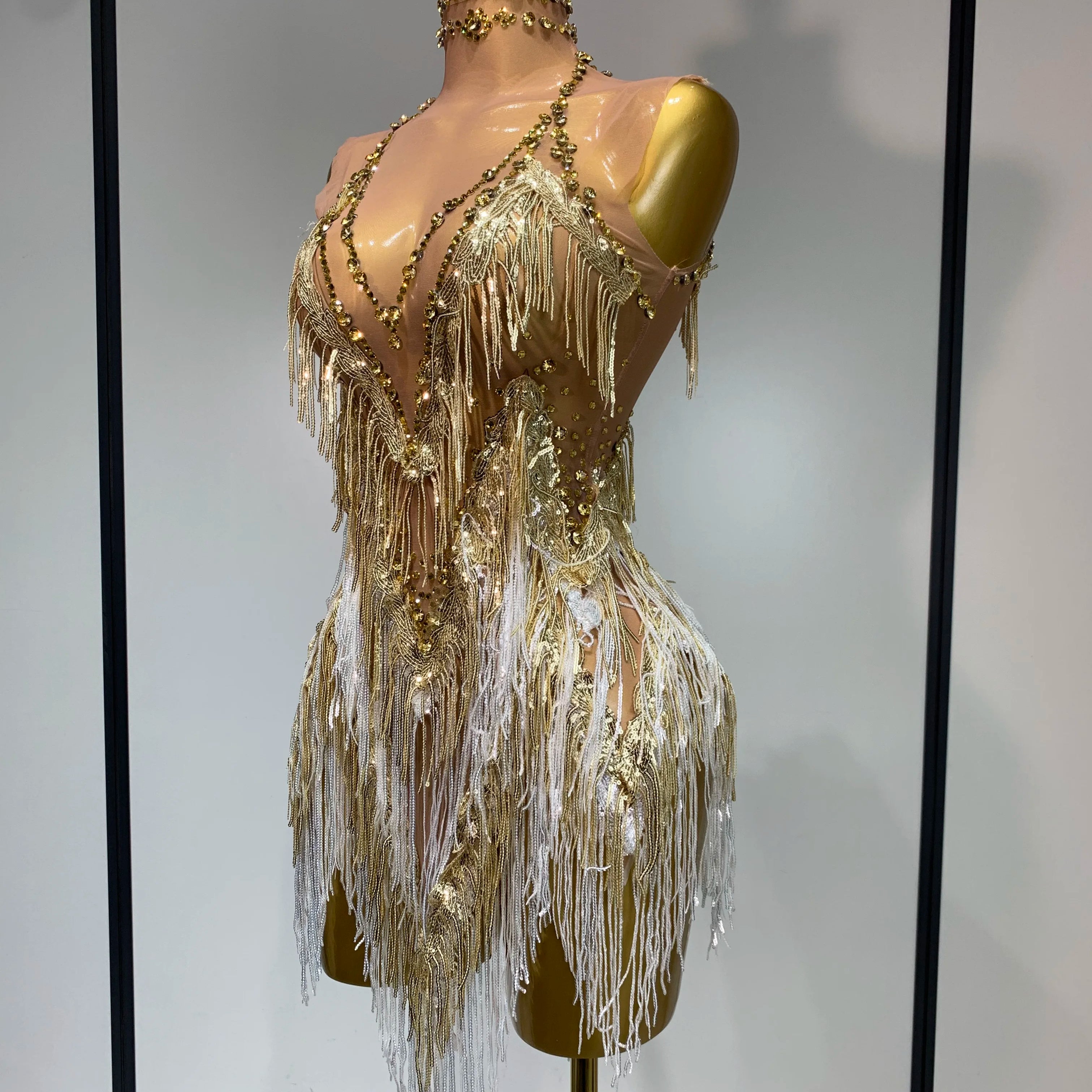 Luxury Birthday Dress Rhinestone Tassel Sexy Women Short Latino Dance Dress Nightclub Bar Sparkly Performance Stage Outfit