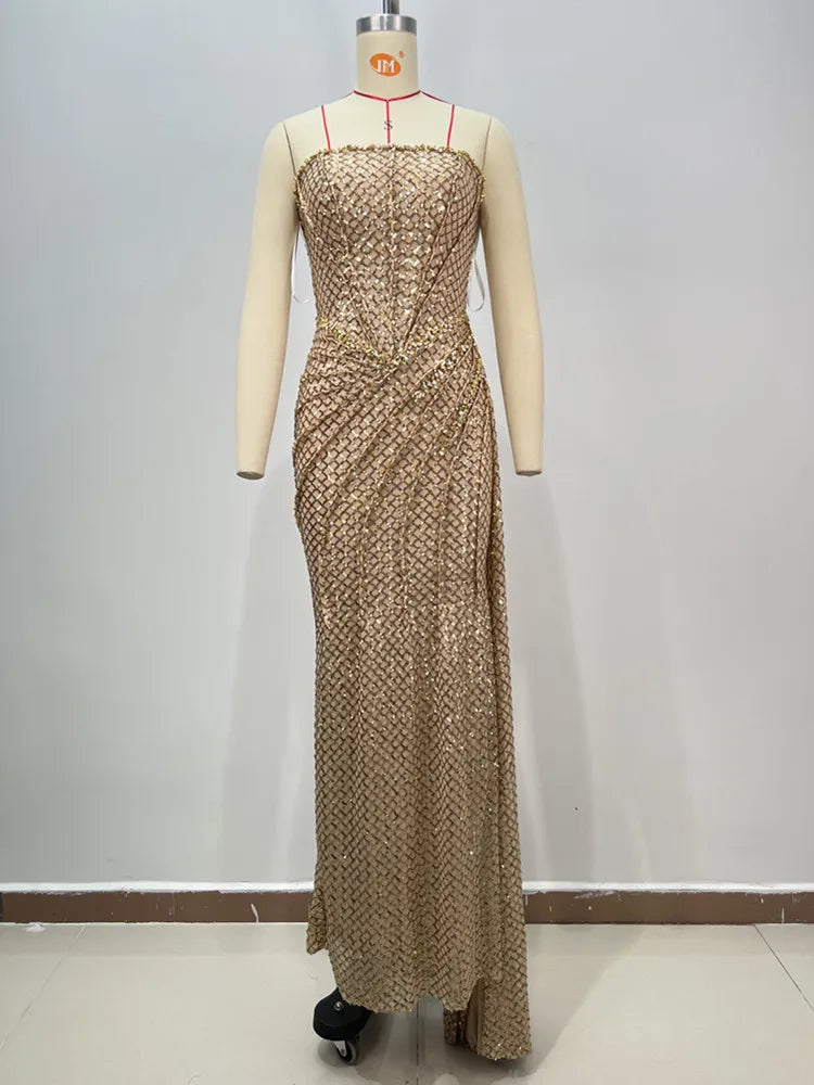 Women Celebrity Sexy Strapless Sequins Gold Crystal Split Maxi Long Gowns Dress 2024 Elegant Evening Party Club Vestido