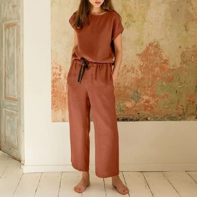2024 New Matching Series Plus Size Women's Clothing Set Fashion Cotton and Hemp Short Sleeved Shirt Wide Leg Pants Two Piece Set