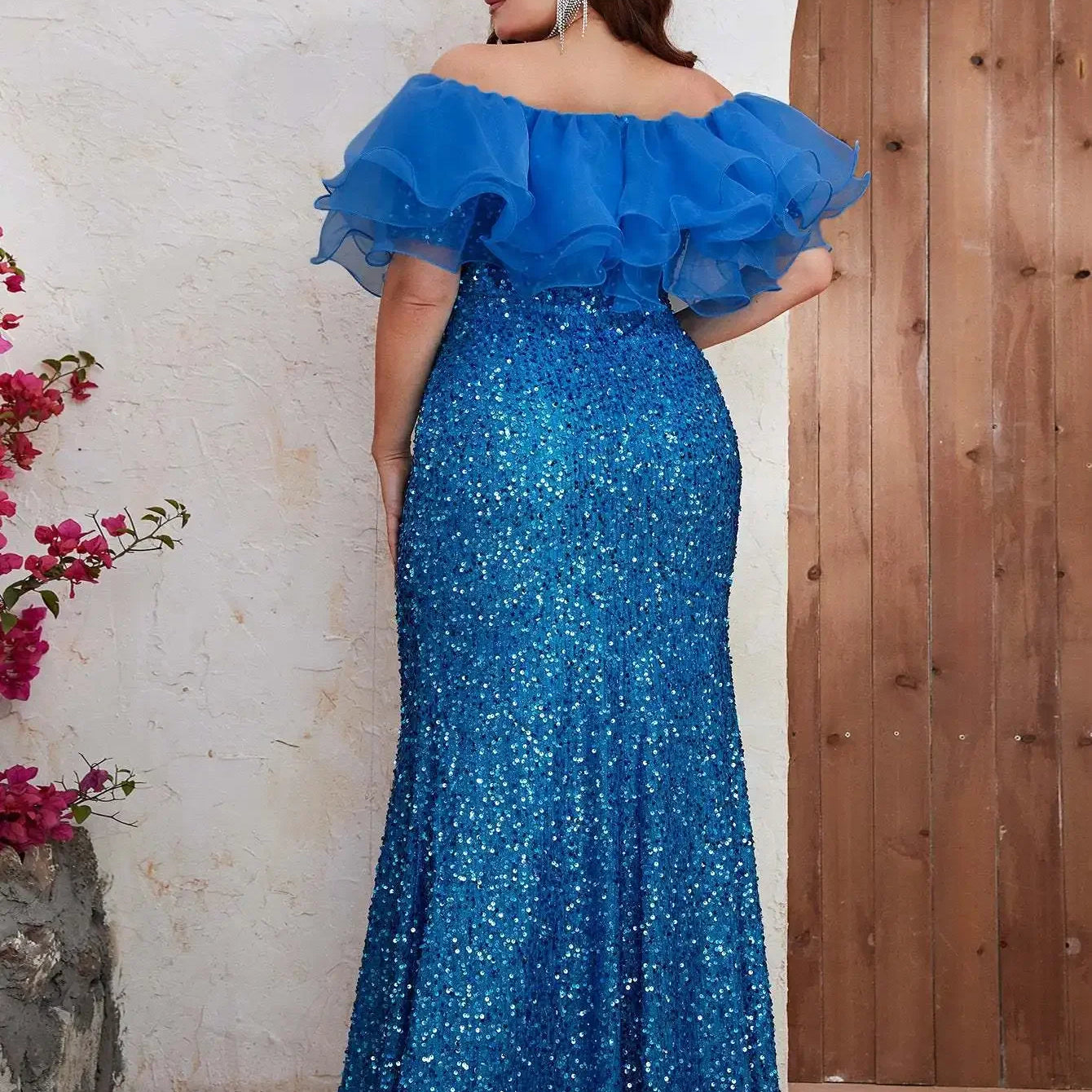 Plus Size Women Party Dresses New Fashion Strapless Mesh Splicing Elegant Sequin Wedding Dresses Large Size Female Evening Dress