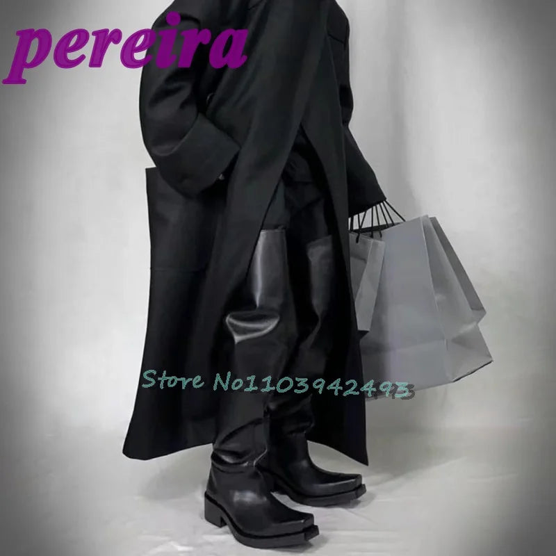 Black Wide Fit Boots Square Toe Botas Over-the-knee Man Women Autumn Winter Fashion Street Style Shoes Luxury Designer Booties