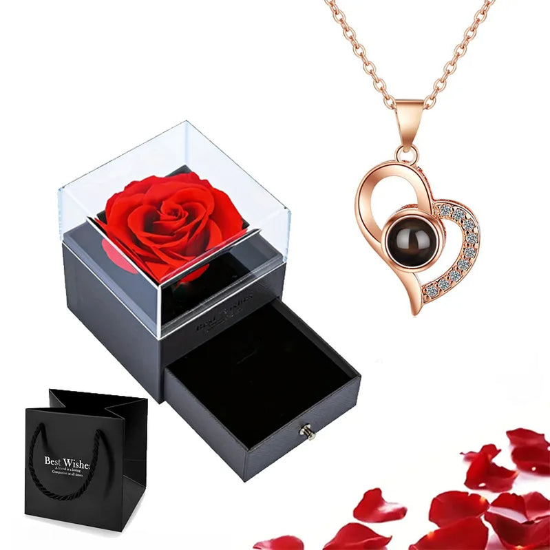 Projection Necklace Set With Rose Gift Box 100 Languages I Love You Heart Pendant Jewelry Accessories gold-01 45cm