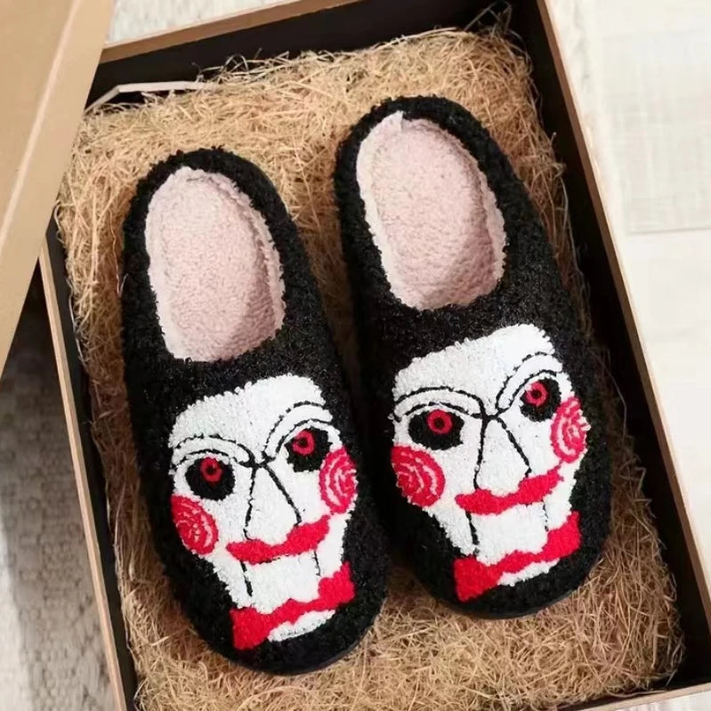 Winter Warm Plush Slippers Women's Halloween Black Ghostface Home Cotten Slippers Men Flip Flops Indoor Floor Slippers Gifts