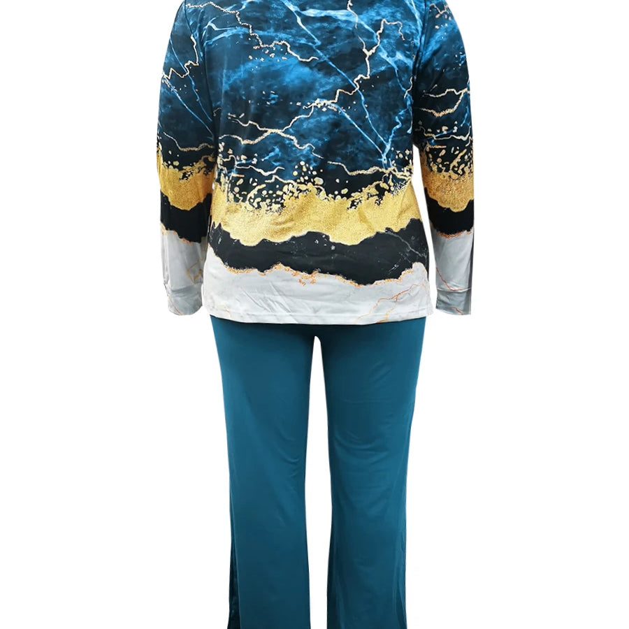 LW Plus Size V Neck Mixed Print Side Split Pants Set Casual Long Sleeve Top Fashion Loose Two Piece Set Outfit