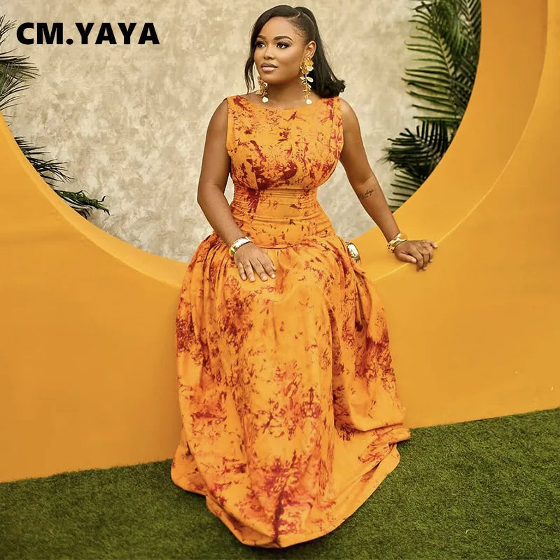 CM.YAYA Women Floral Print Sleeveless Big Swing High Waist Long Maxi Dress 2025 Chic Evening Sexy Party Vintage Dresses Vestidos