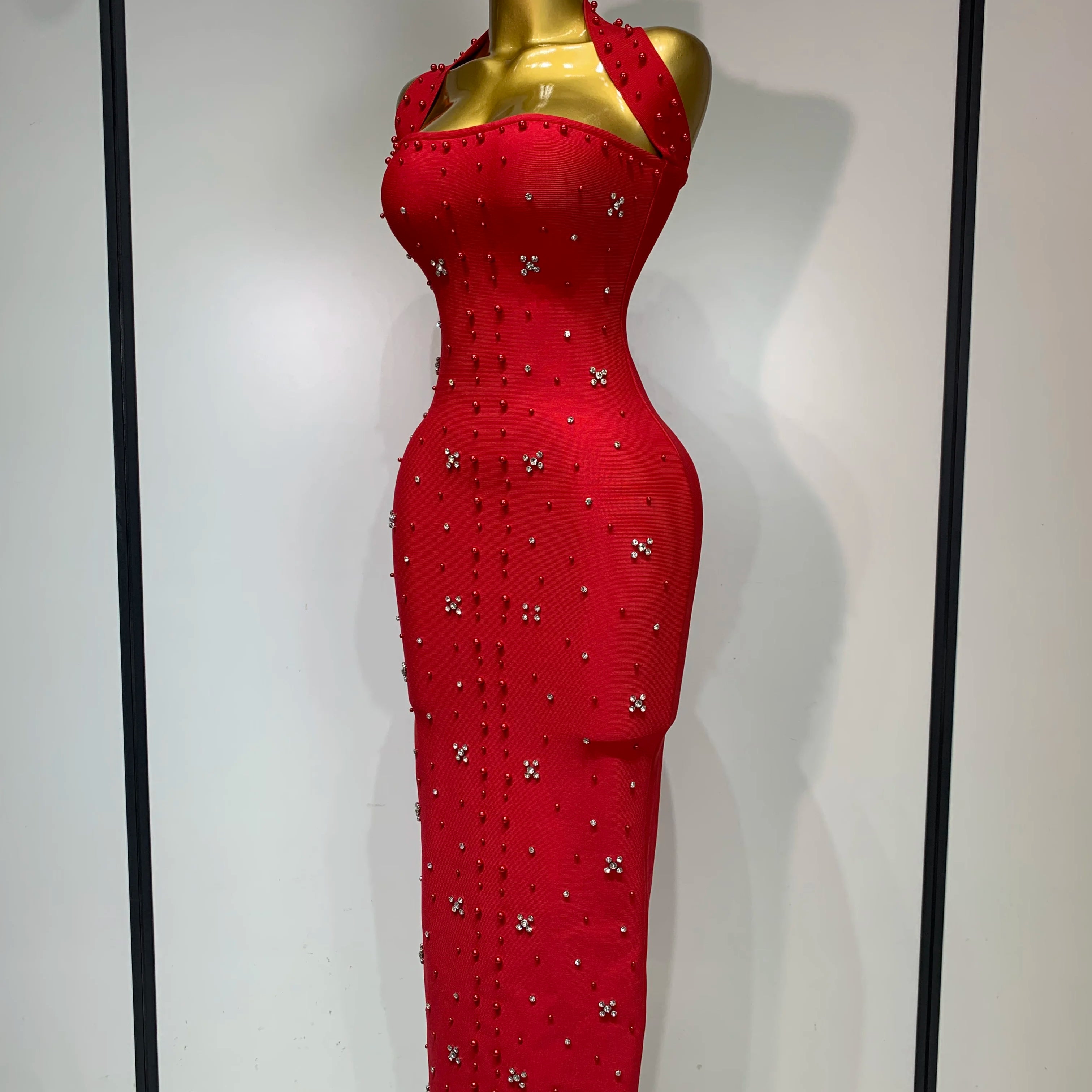 Women Sexy Halter Backless Shiny Rhinestone Pearl Bodycon Bandage Dress Celebirty Elegant Evening Party Luxury Birthday Dress