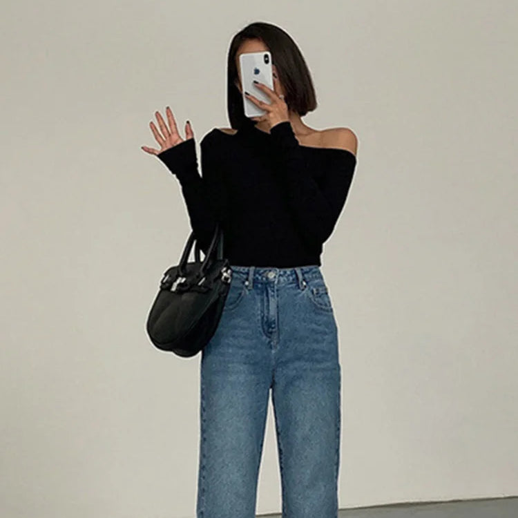 Fashion Skew Collar Off-shoulder Long-sleeved T-shirts Women Spring New Solid Slim Fit Crop Top Sexy Hollow Out Tees Shirts