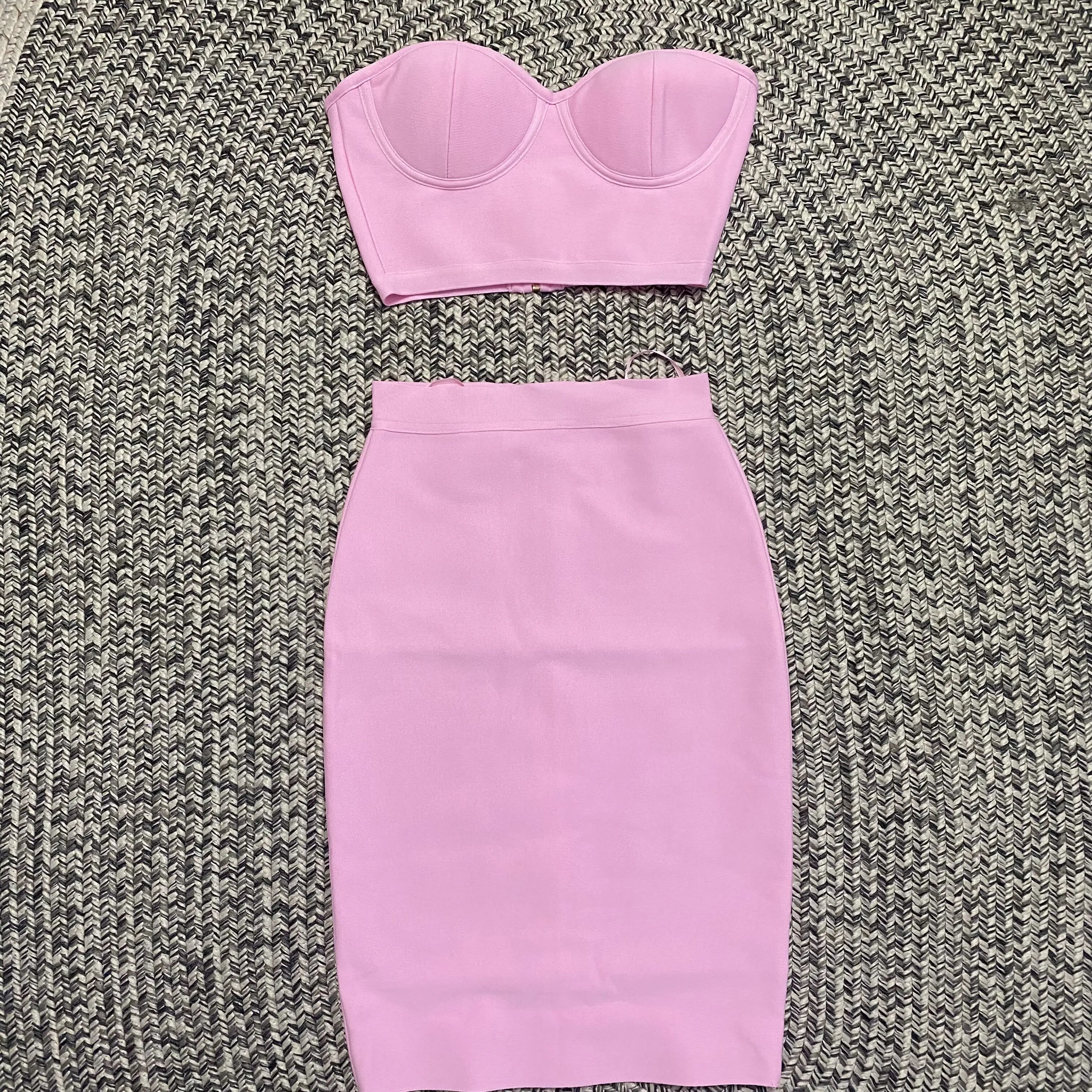 Top Quality Purple Celebrity Two Pieces Set Strapless Knee Length Rayon Bandage Dress Cocktail Party Dress Vestidos Pink