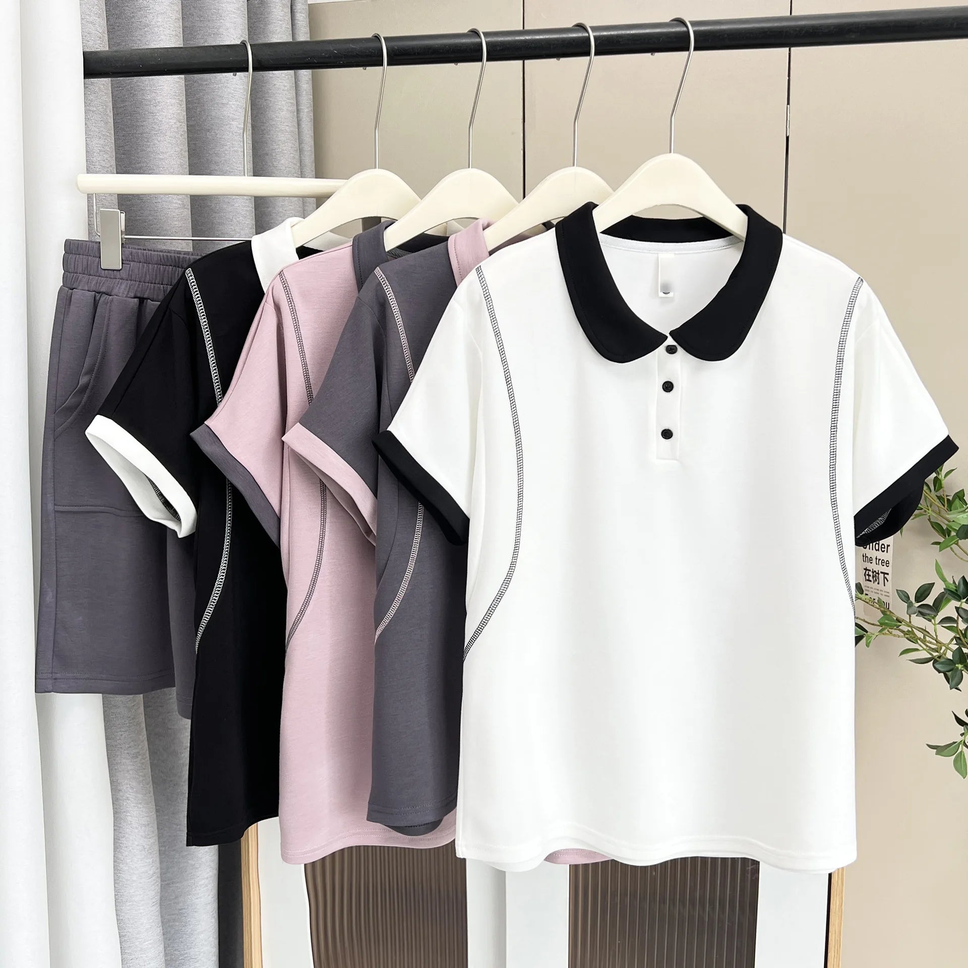 Plus Size Women's Set Casual Color Blocking Short Sleeve Tops And Grey Shorts Two Piece 100KG Sports Suit Summer 2025