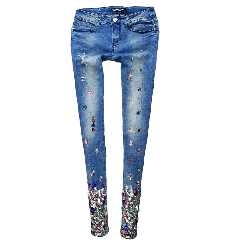 Color Stone Skinny Jean Pencil Pants Woman High Waist Spring Streetwear Blue Color Block Sexy Stretch Denim Trousers Jeans
