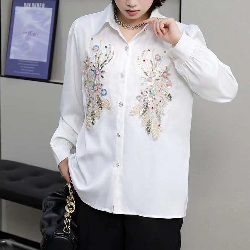 Beading Sequined White Satin Blouse for Womens Elegant Long Sleeve Korean Style Loose Shirt Tops Casual Daily Office Lady white