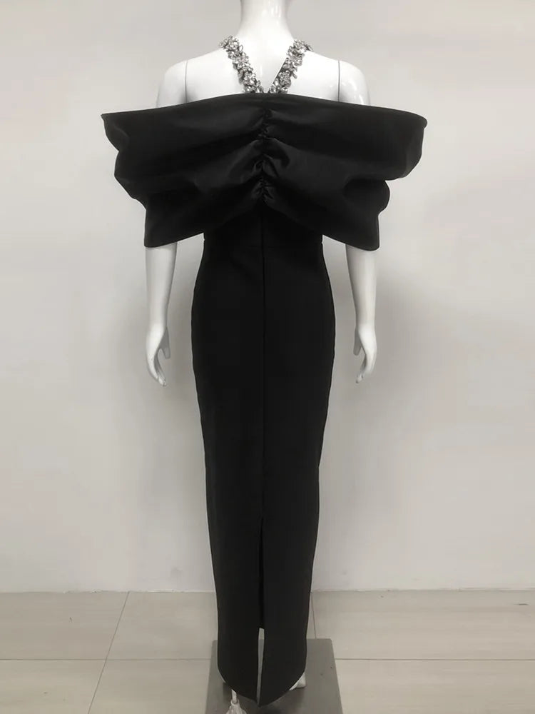Women Sexy Off Shoulder Ruched Black Maxi Long Diamonds Celebrity Bodycon Bandage Dress 2025 Elegant Evening Club Party Dress