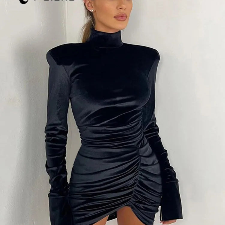 Sexy Velvet Mini Dresses Women Fashion Long Sleeve Solid Streetwear Slim Sheath Skinny Bodycon Vestidos Robes Female