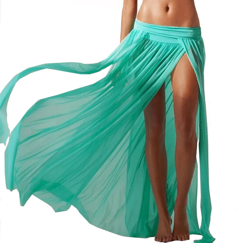 Summer Sexy Womens Double Slits Beach Skirt Long Maxi Skirt Dropped Net Yarn Skirt Female Beachwear Bathing Suit Swimsuits