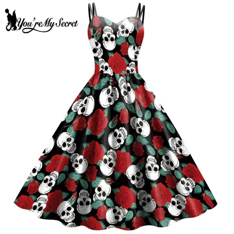 Fancy Skeleton Halloween Women Dress Girl Carnival Party Dresses Female Goth Horror Costume Rockabilly Dress