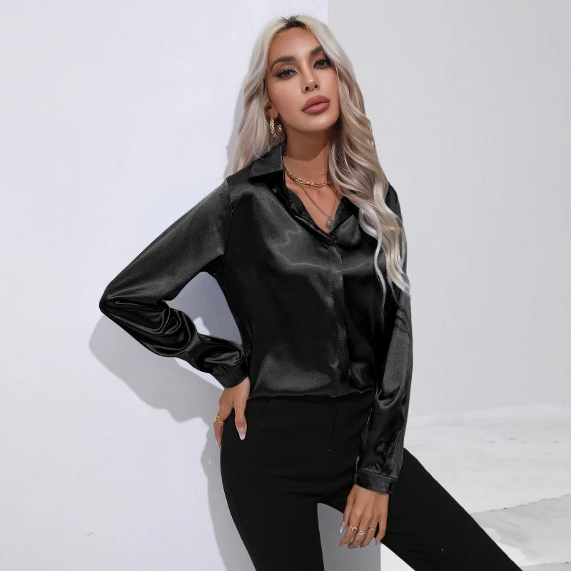 Spring Autumn Satin Shirt Women V Neck Long Sleeve Office Shirt Blouses Ladies Black White Silk Loose Shirts For Women B