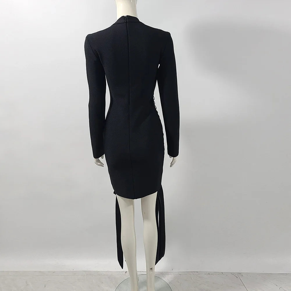High Quality Women Long Sleeve Sexy Laced-up Bodycon Mini Bandage Dress Fashion Celebrate Nightclub Party Cocktail Outfit