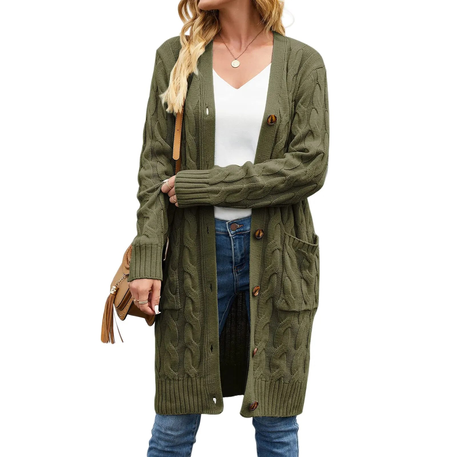 Female Cardigan Solid Color Long Sleeve Sweater Knitted Coat with Pockets for Spring Fall S M L Army green